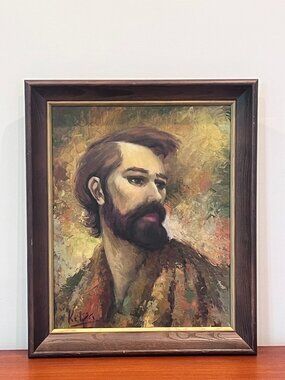 Vintage MCM Oil Painting Signed Kelpa Portrait Bearded Man Earthy Retro 70's